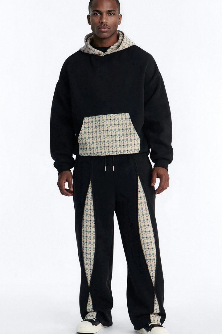 Oversized Mixed Media Tapestry Paneled Hoodie - Black