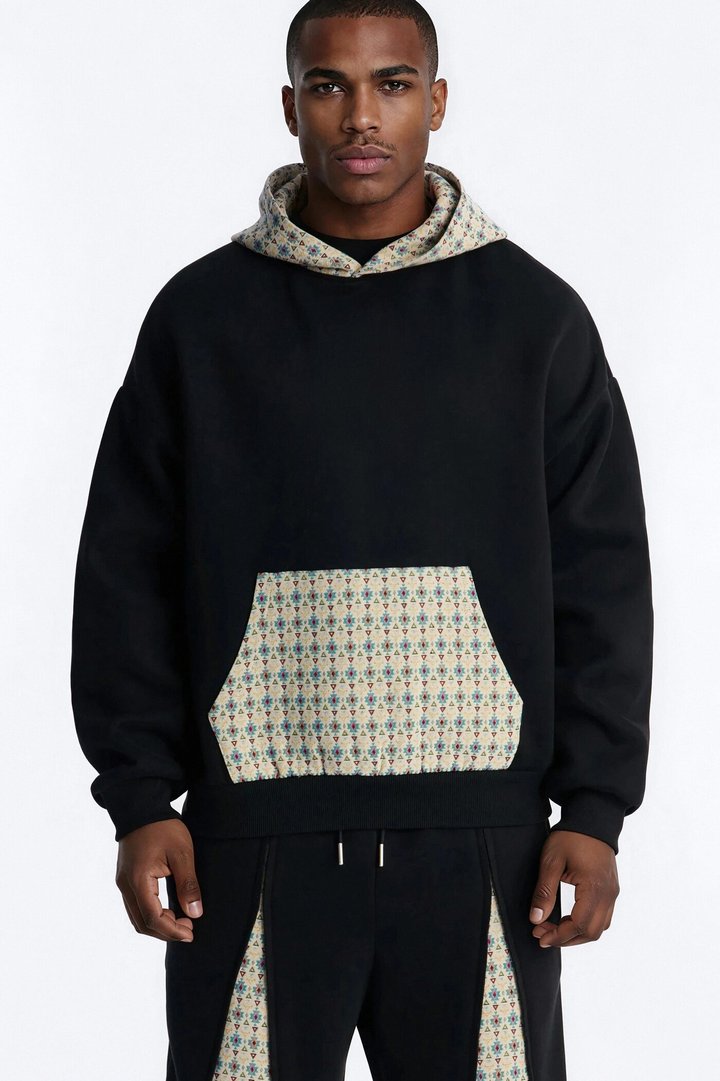 Oversized Mixed Media Tapestry Paneled Hoodie - Black