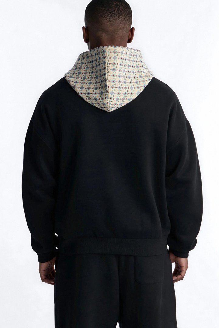 Oversized Mixed Media Tapestry Paneled Hoodie - Black
