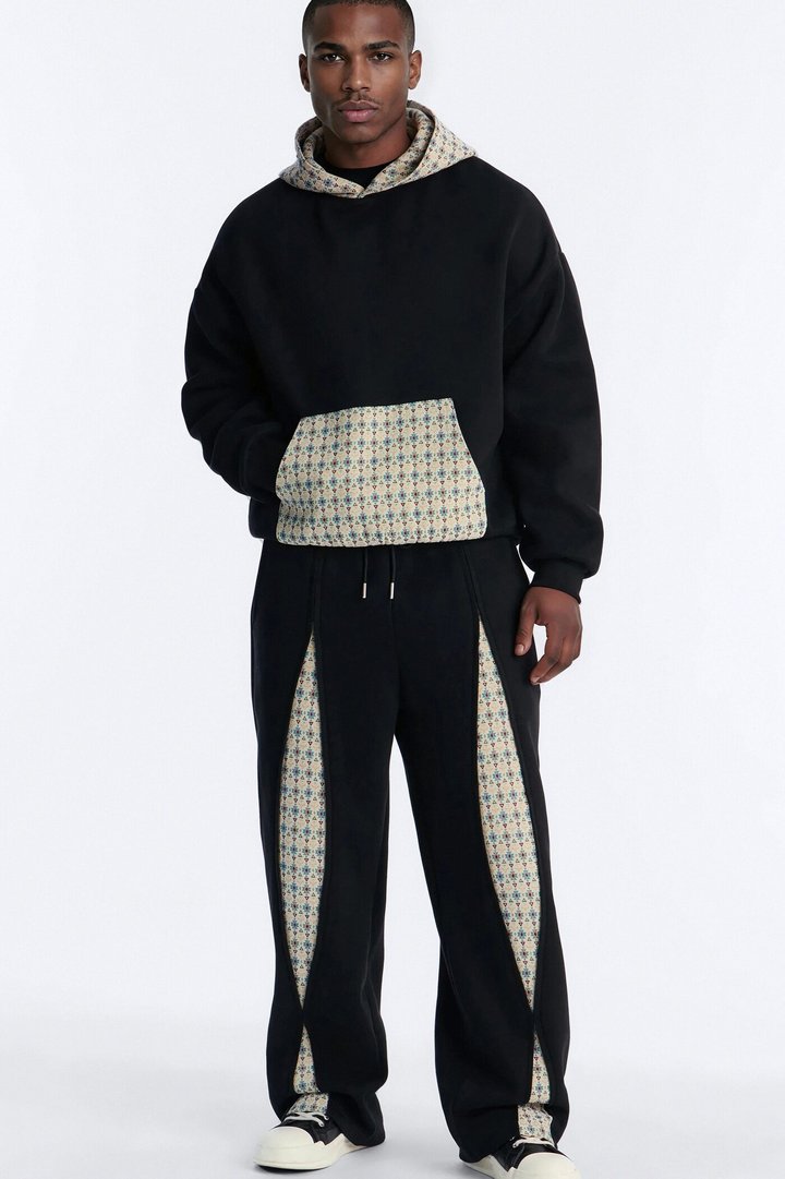 Baggy Mixed Media Tapestry Paneled Sweatpants - Black