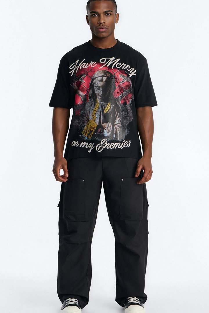 Have Mercy Glitter Print Short Sleeve Tee - Black