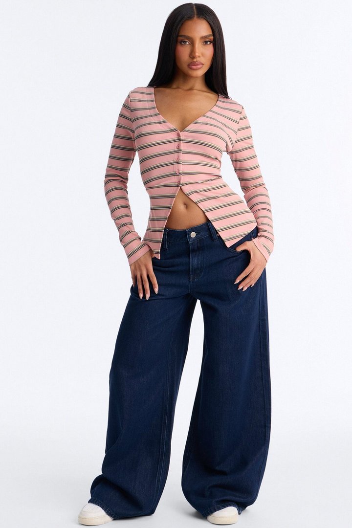 Blaire Striped Ribbed Flyaway Long Sleeve Top - Pink/combo