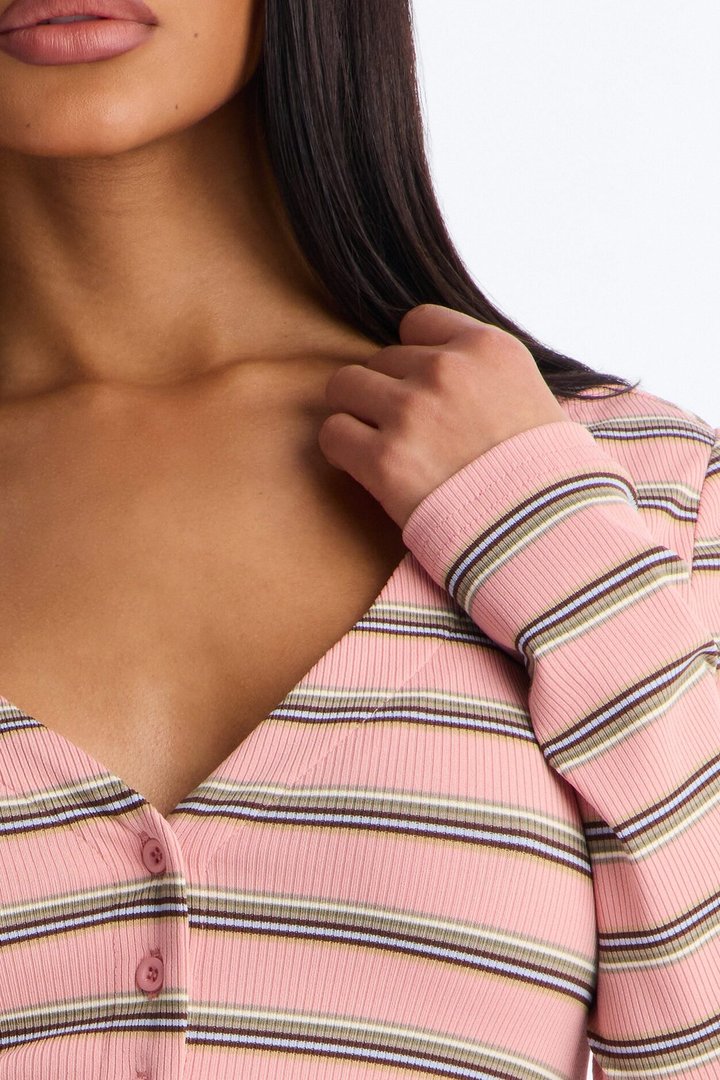 Blaire Striped Ribbed Flyaway Long Sleeve Top - Pink/combo