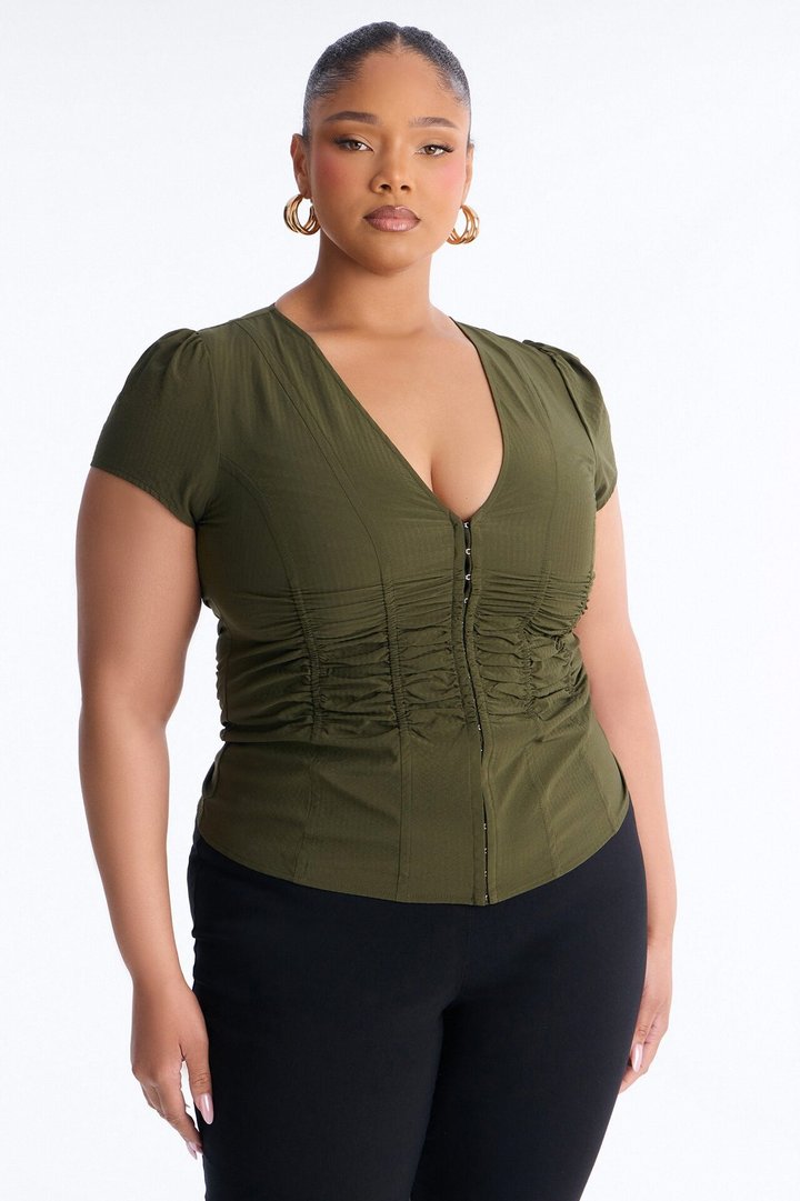 Catch Feelings Short Sleeve Ruched Top - Olive