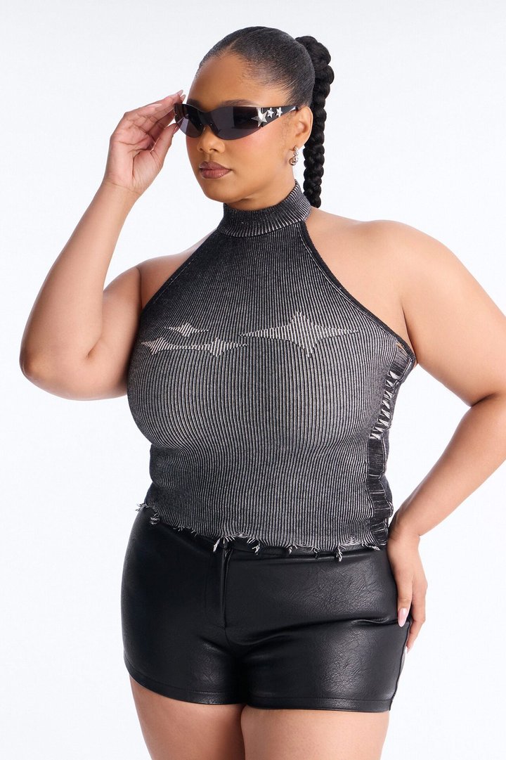 You're A Star Marled Sweater Halter Top - Black/combo