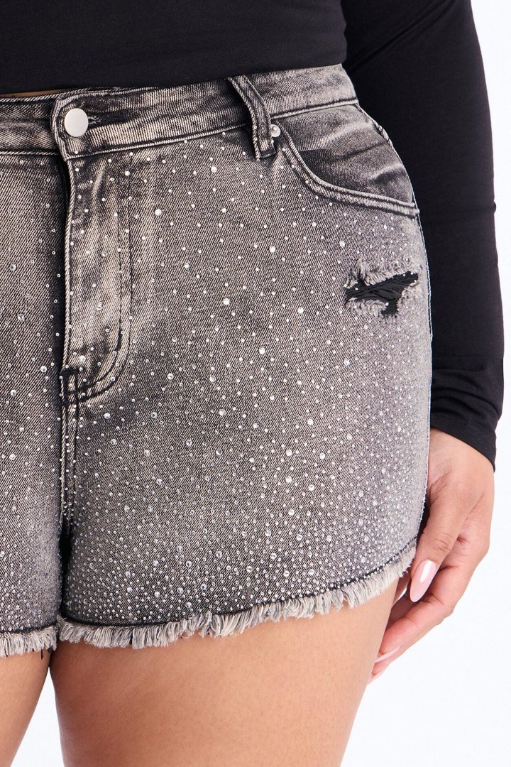 Shine Bright Embellished Stretch Denim Shorts - Grey