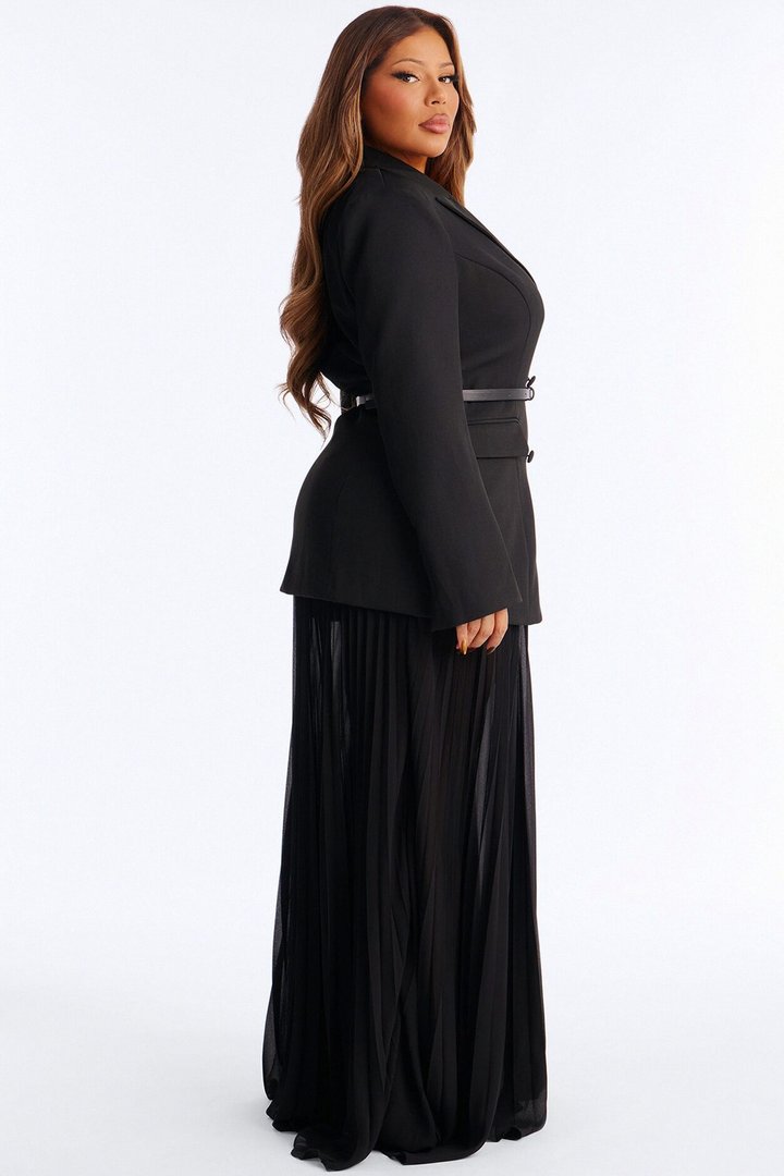 Aria Belted Long Sleeve Blazer Pleated Skirt Set - Black