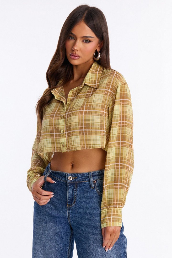 Tropic Oasis Plaid Chiffon Cropped Shirt - Yellow/combo