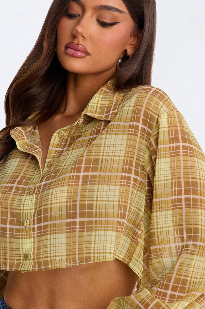Tropic Oasis Plaid Chiffon Cropped Shirt - Yellow/combo