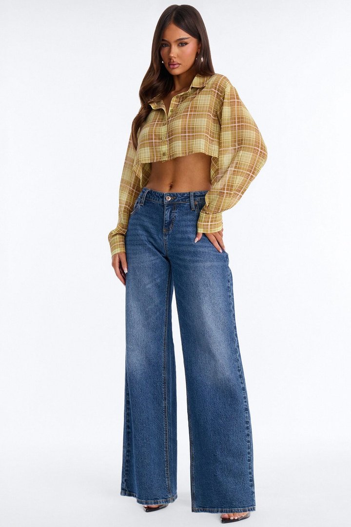 Tropic Oasis Plaid Chiffon Cropped Shirt - Yellow/combo