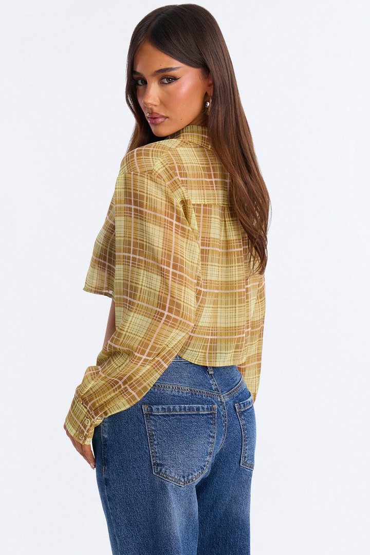 Tropic Oasis Plaid Chiffon Cropped Shirt - Yellow/combo