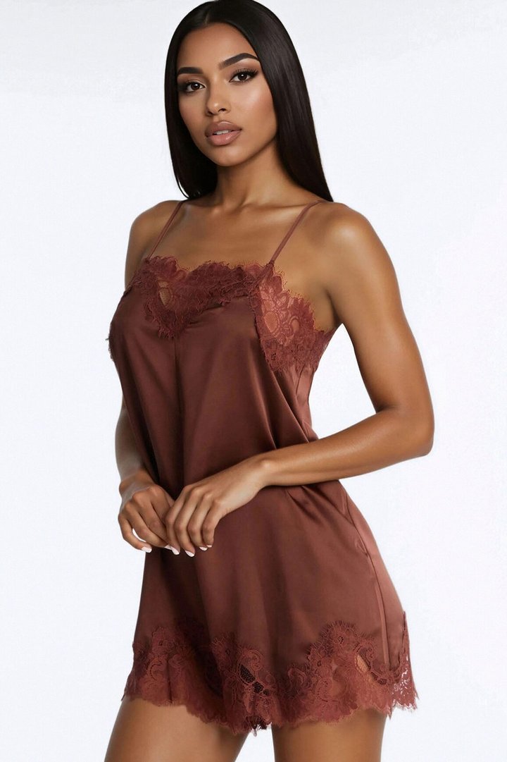 Hailey Lace Trim Satin Romper - Chocolate