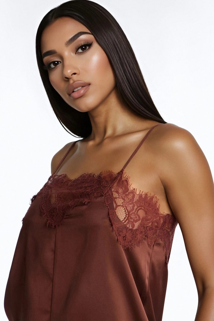 Hailey Lace Trim Satin Romper - Chocolate