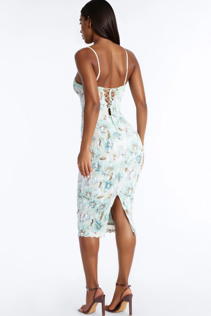 Valerie Floral Sequin Midi Dress - Sage/combo