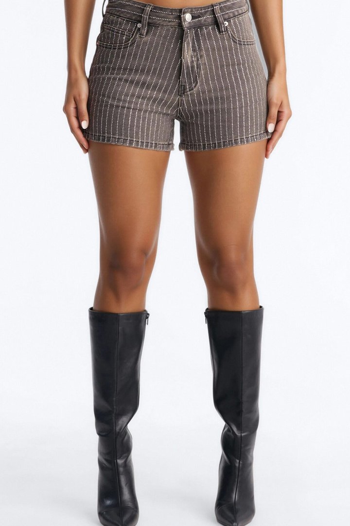 Down The Line Embellished Denim Shorts - Grey