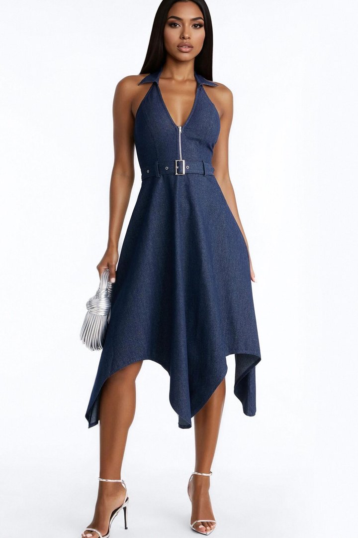 Alana Belted Denim Midi Dress - Dark Wash