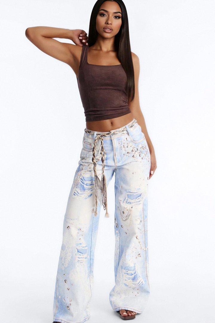 Marlowe Mid Rise Belted Wide Leg Pant 34″ - Blue/combo