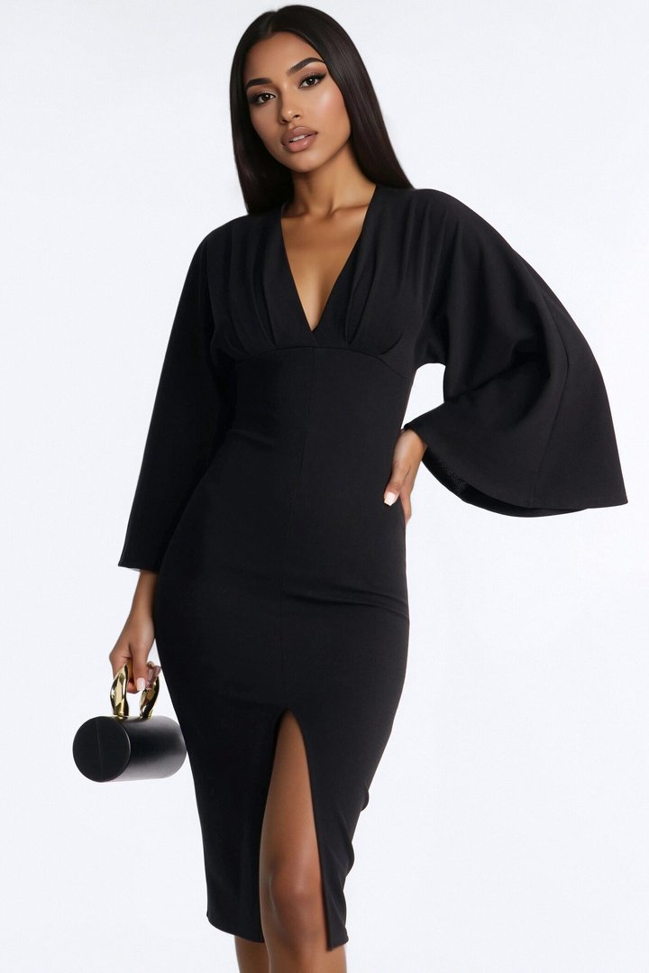 Denise Long Sleeve Midi Dress - Black