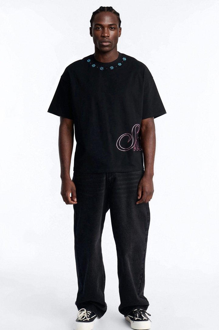 Midnight Bloom Crew Neck Tee - Black