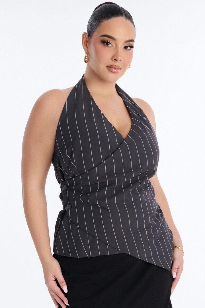 On My Grind Pinstripe Halter Top - Charcoal/combo