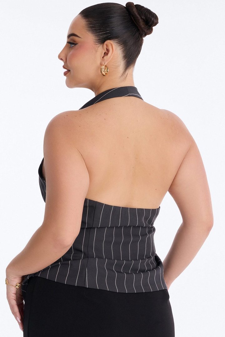 On My Grind Pinstripe Halter Top - Charcoal/combo