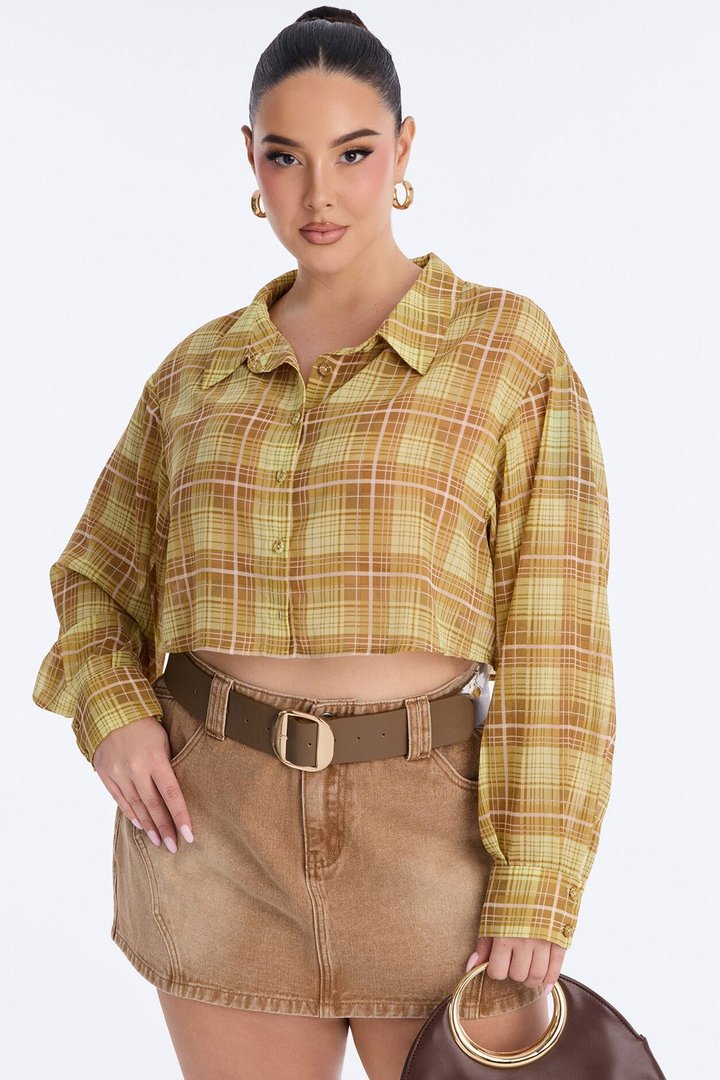 Tropic Oasis Plaid Chiffon Cropped Shirt - Yellow/combo