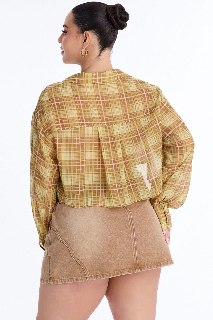 Tropic Oasis Plaid Chiffon Cropped Shirt - Yellow/combo