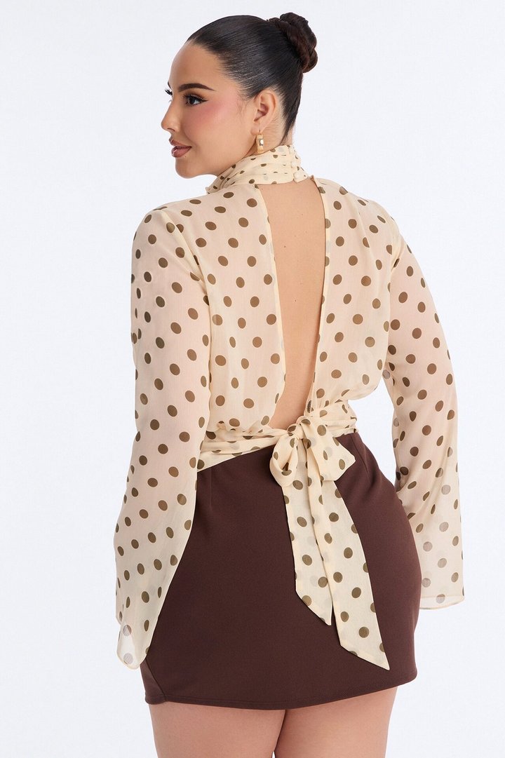 Flirty Polka Dot Tie Back Chiffon Top - Cream/combo