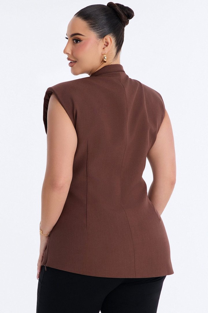 Let's Get Going Shoulder Pads Pleated Top - Brown