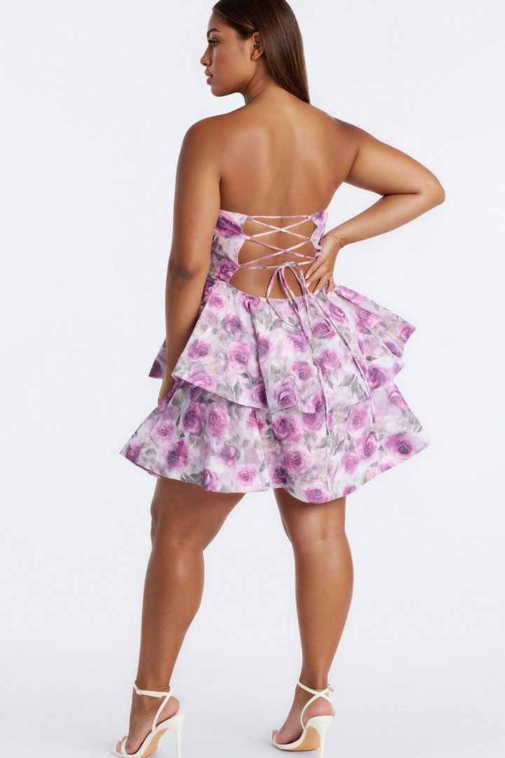 A Rosy Situation Strapless Jacquard Mini Dress - Purple/combo
