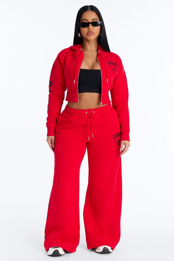 NBA Chicago Bulls Cropped Fleece Full Zip Hoodie - Red