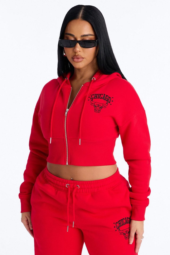 NBA Chicago Bulls Cropped Fleece Full Zip Hoodie - Red