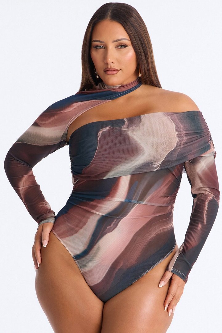 Out Of Focus Mesh Off Shoulder Long Sleeve Bodysuit - Multi Color