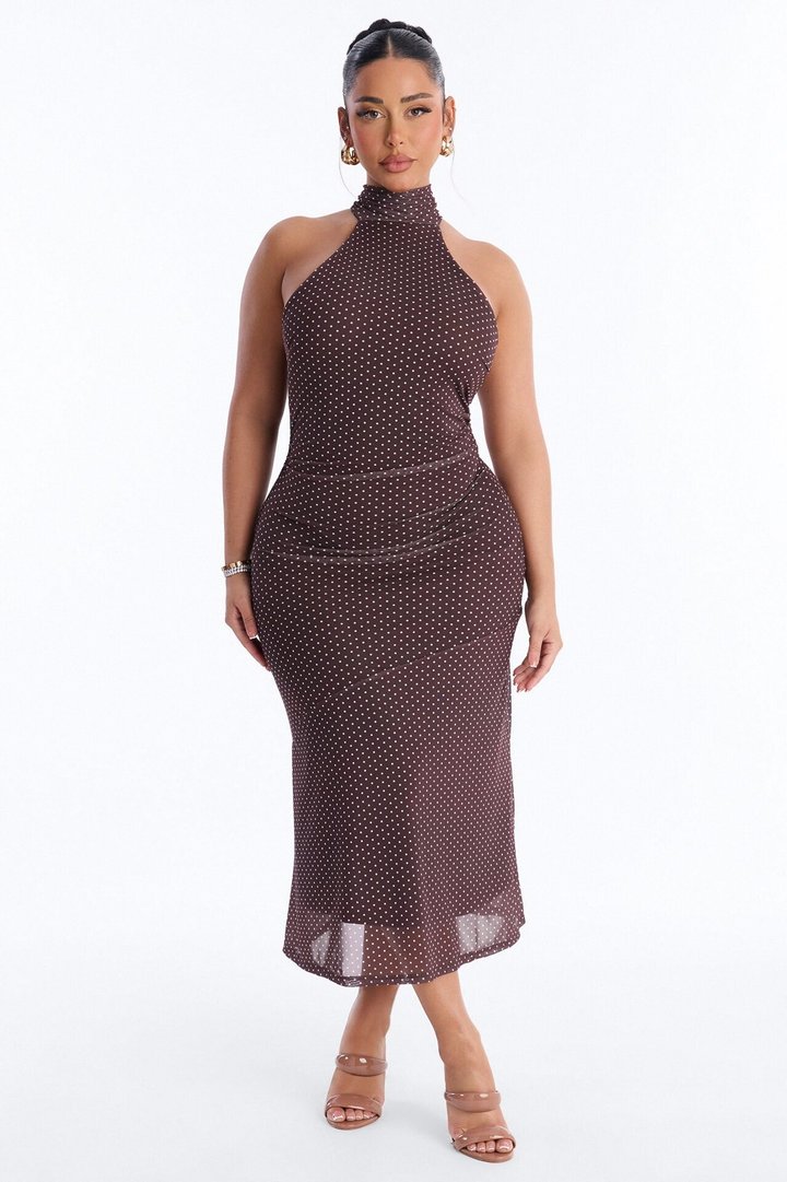 Tessa Polka Dot Mesh Midi Dress - Brown/combo