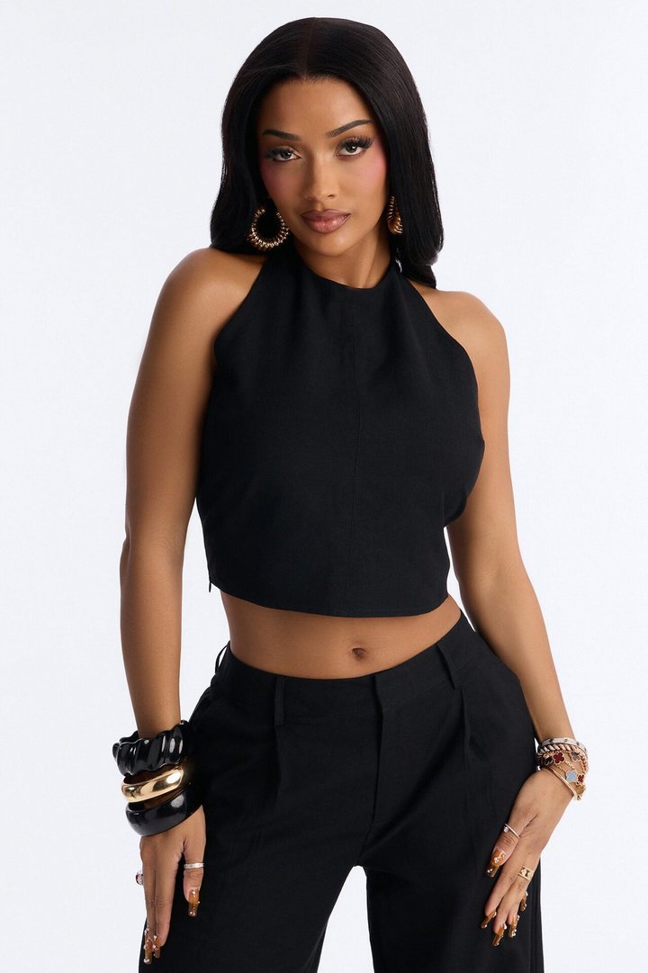 Ocean Breeze Linen Backless Halter Top - Black