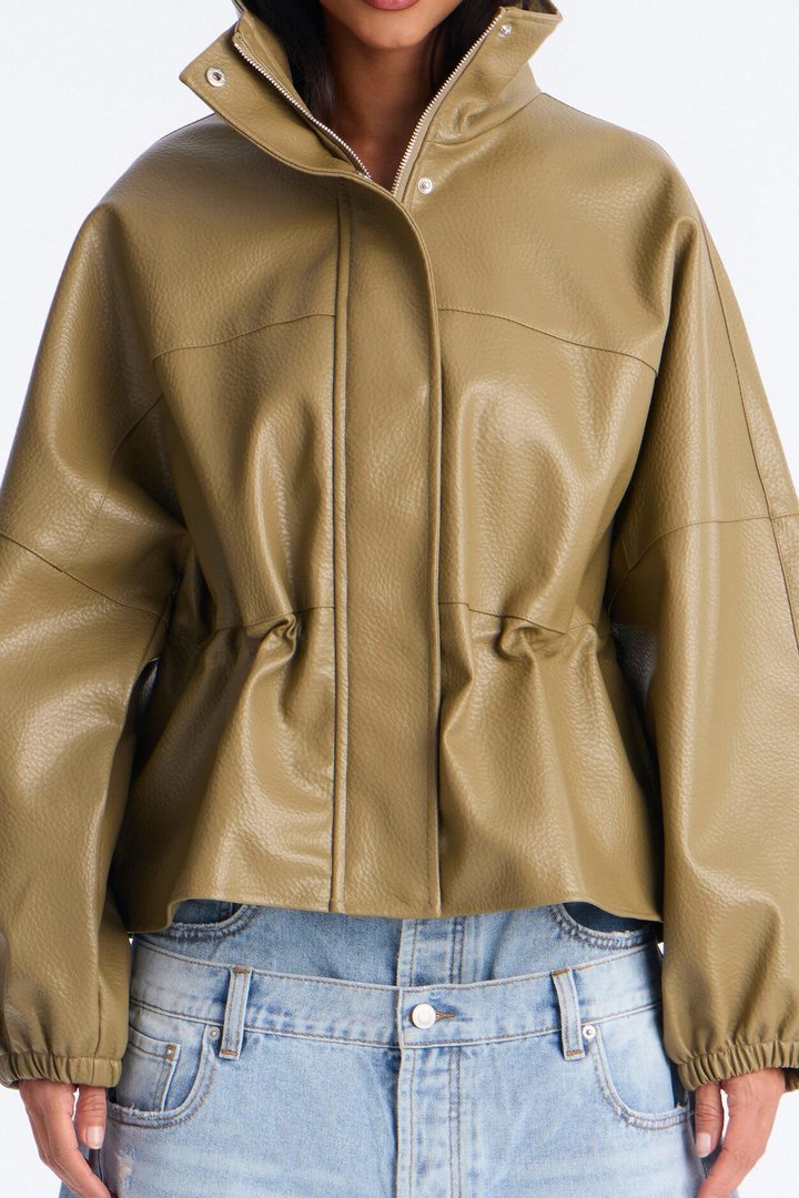 Effortless Funnel Neck Faux Leather Anorak - Olive