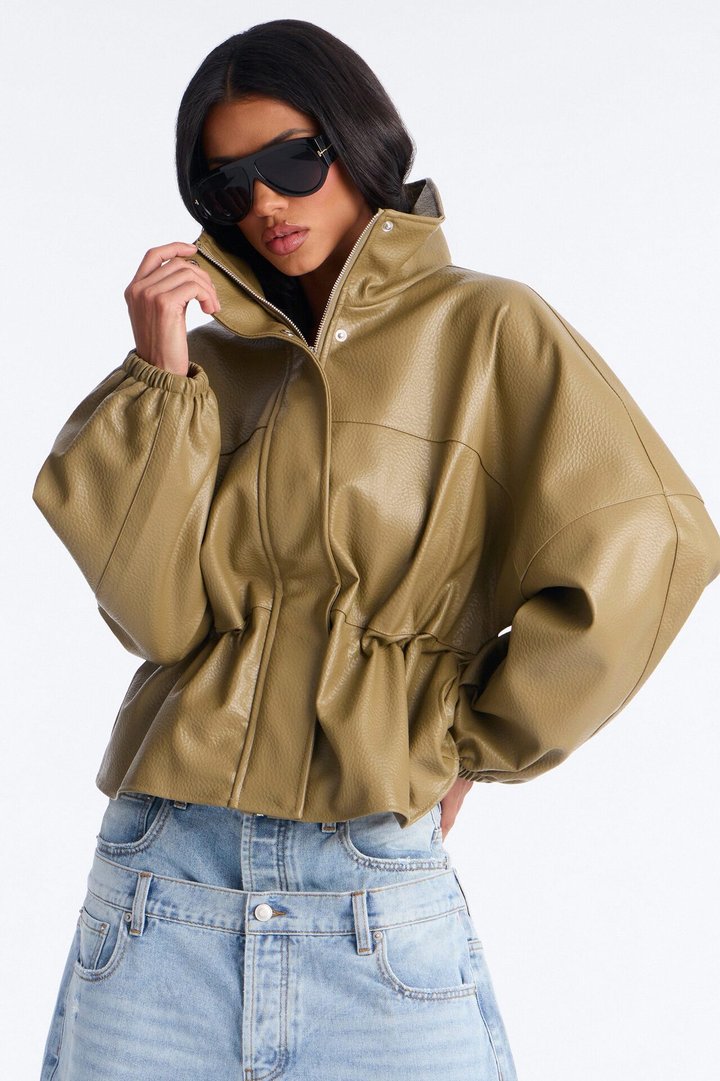 Effortless Funnel Neck Faux Leather Anorak - Olive