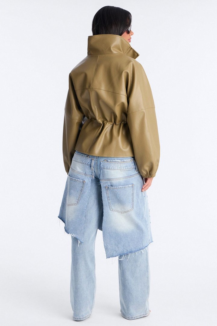 Effortless Funnel Neck Faux Leather Anorak - Olive