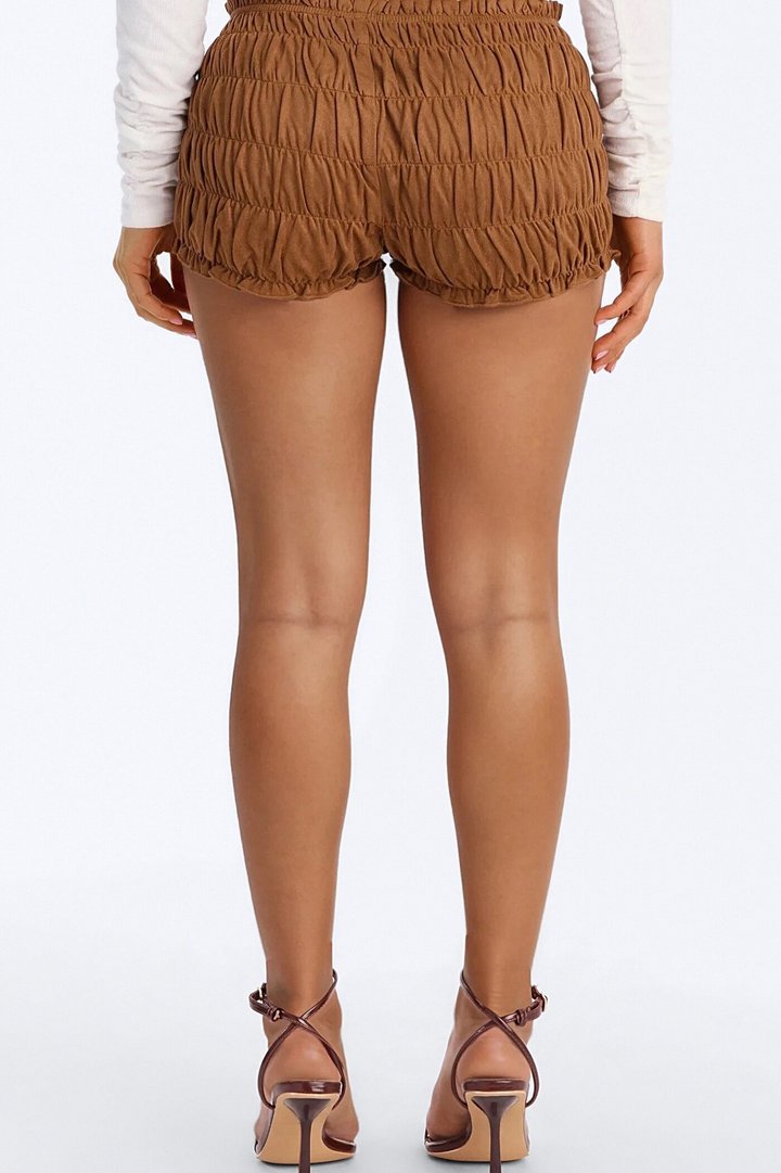 Chasing The Sun Faux Suede Micro Bloomers Shorts 1.5″ - Camel