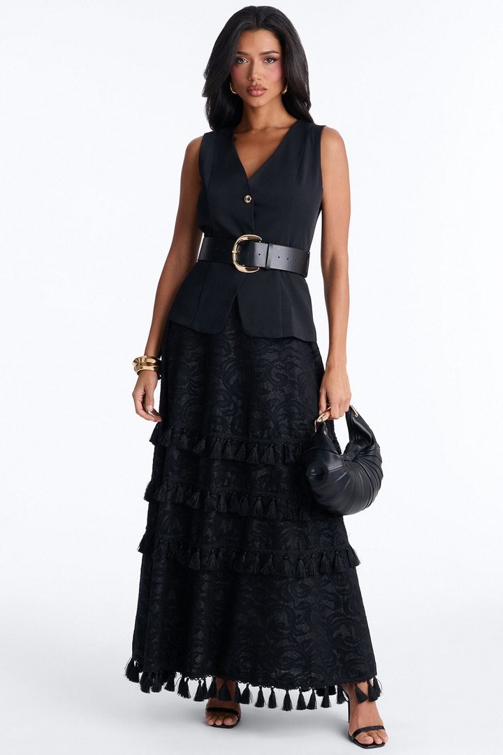 Inez Fringe Trim Belted Maxi Skirt Set - Black