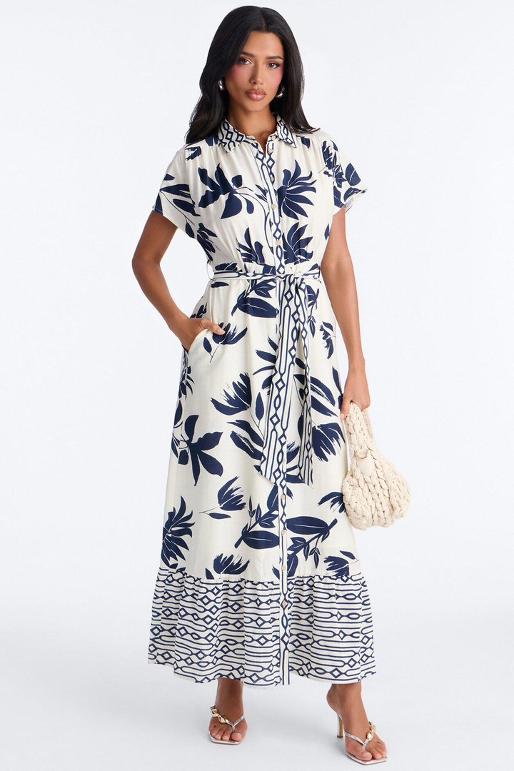 Mable Collared Linen Maxi Dress - Navy/combo