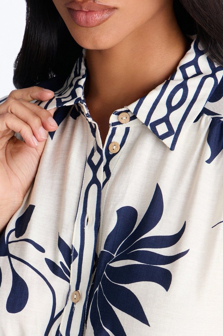Mable Collared Linen Maxi Dress - Navy/combo