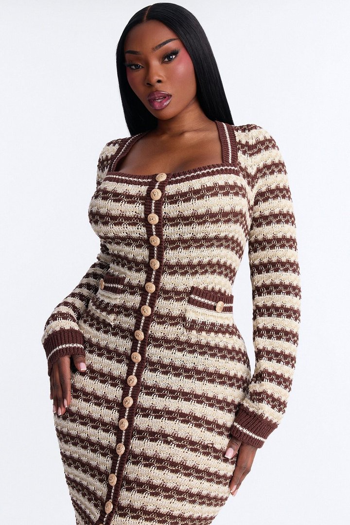 Hana Long Sleeve Sweater Midi Dress - Brown/combo