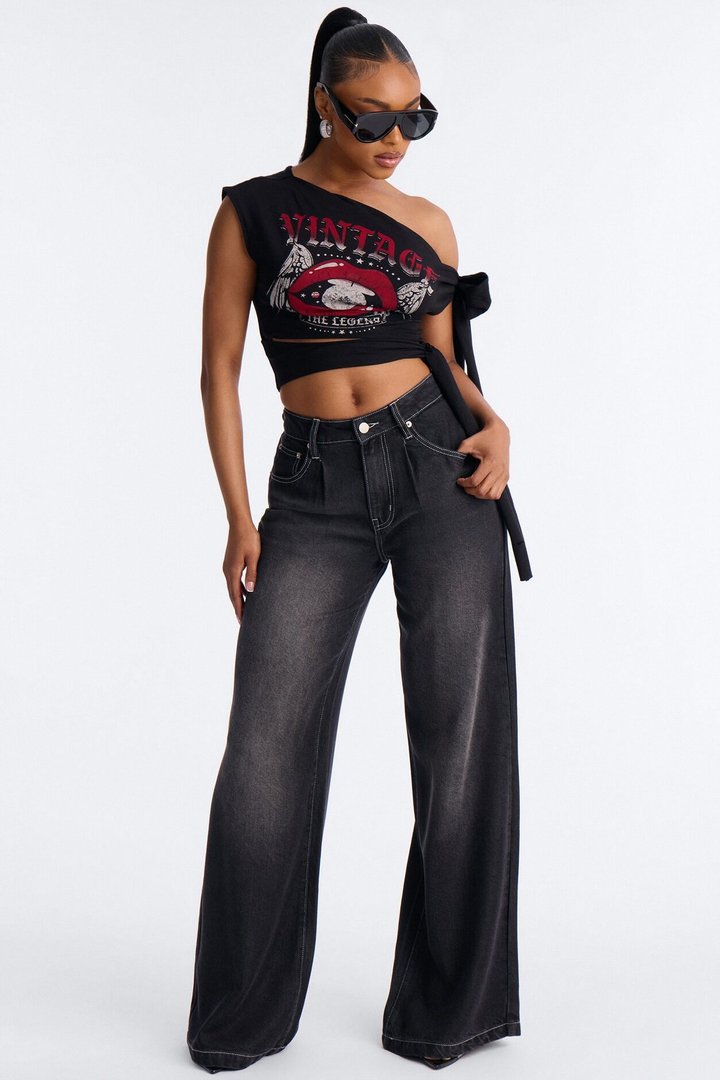 Vintage Legend Off Shoulder Cropped Top - Black
