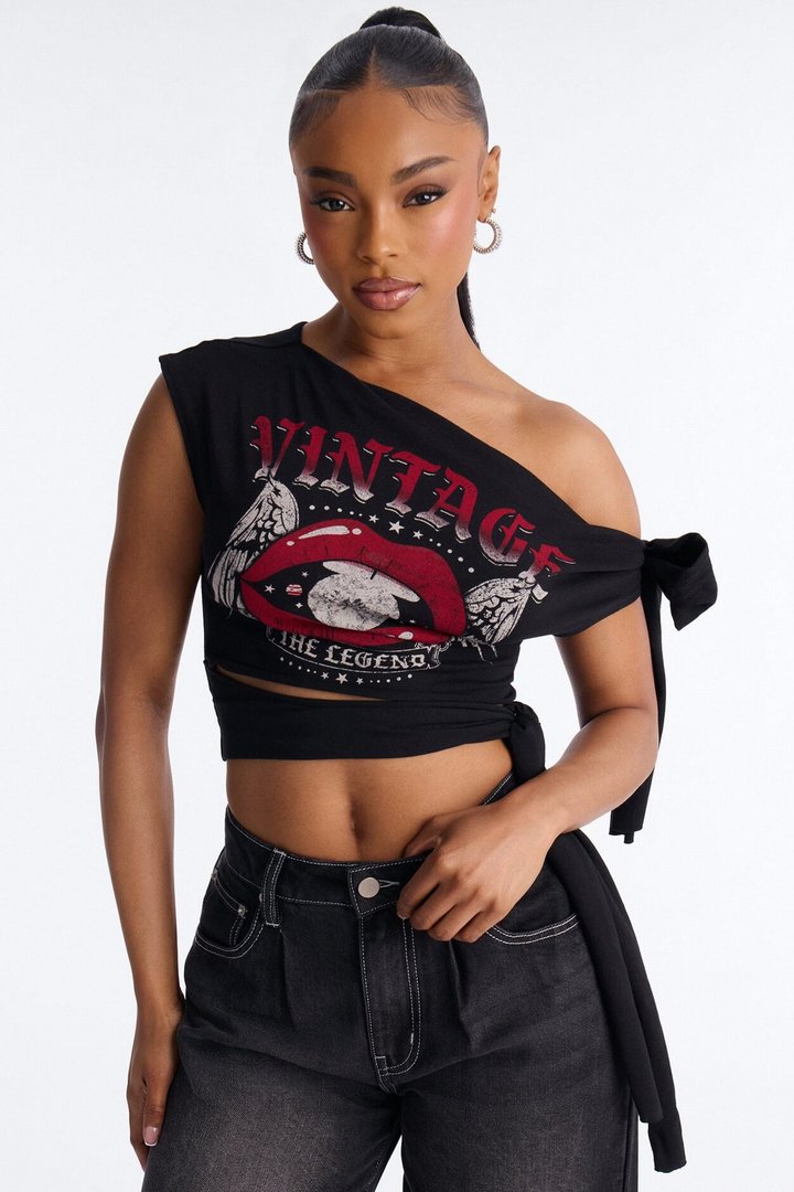Vintage Legend Off Shoulder Cropped Top - Black