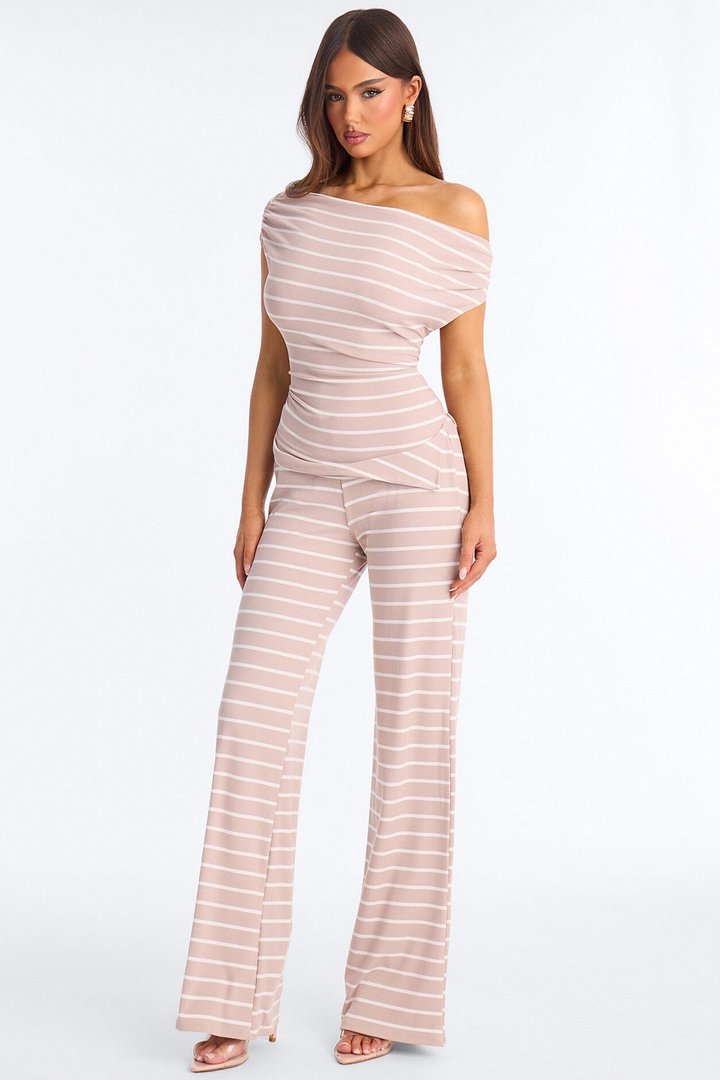 Carina Off Shoulder Ribbed Pant Set - Taupe