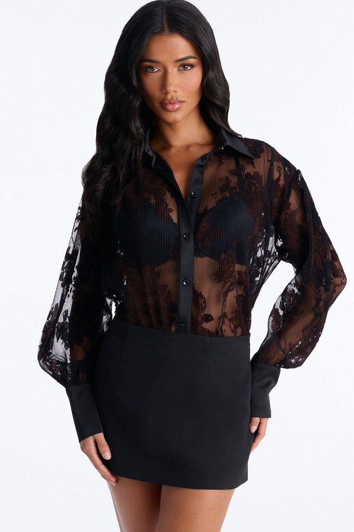 Autumn Velvet Floral Mesh Shirt - Black/combo