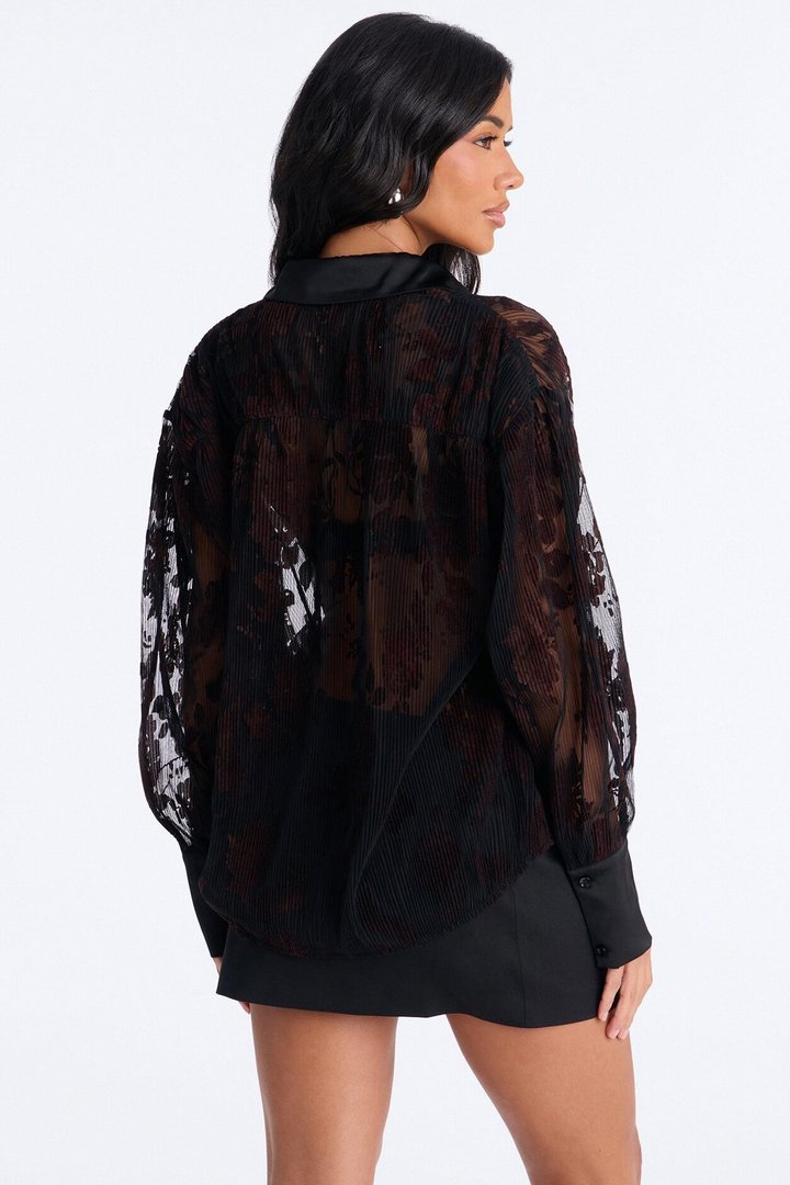Autumn Velvet Floral Mesh Shirt - Black/combo