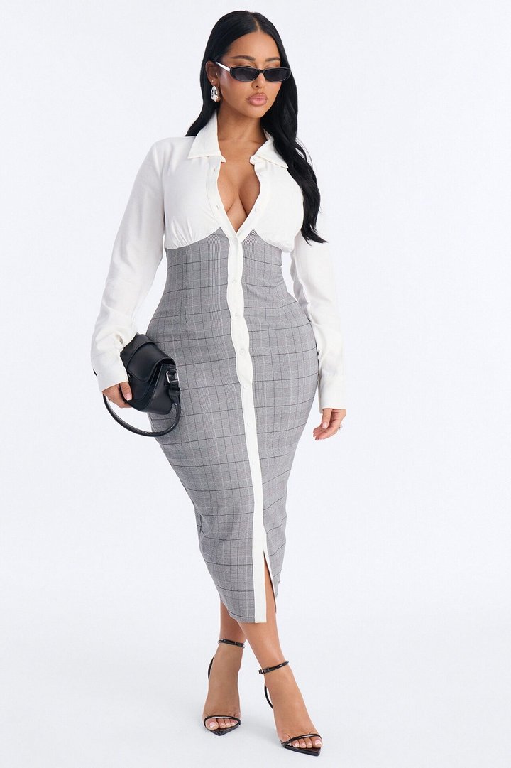 Yasmin Plaid Shirt Midi Dress - Grey/combo
