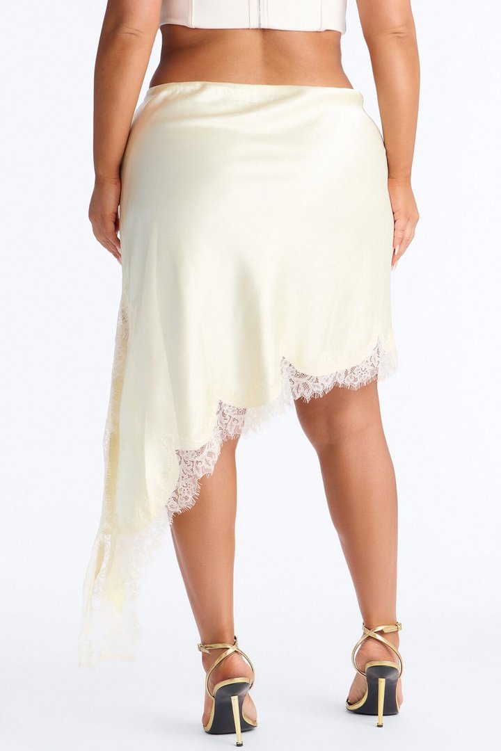 Juliette Asymmetrical Lace Trim Satin Midi Skirt - Butter Yellow